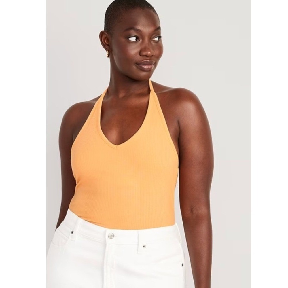 Old Navy Womens Sz XL Ribbed Halter Top Wild Papaya Orange V-Neck Stretch Cotton